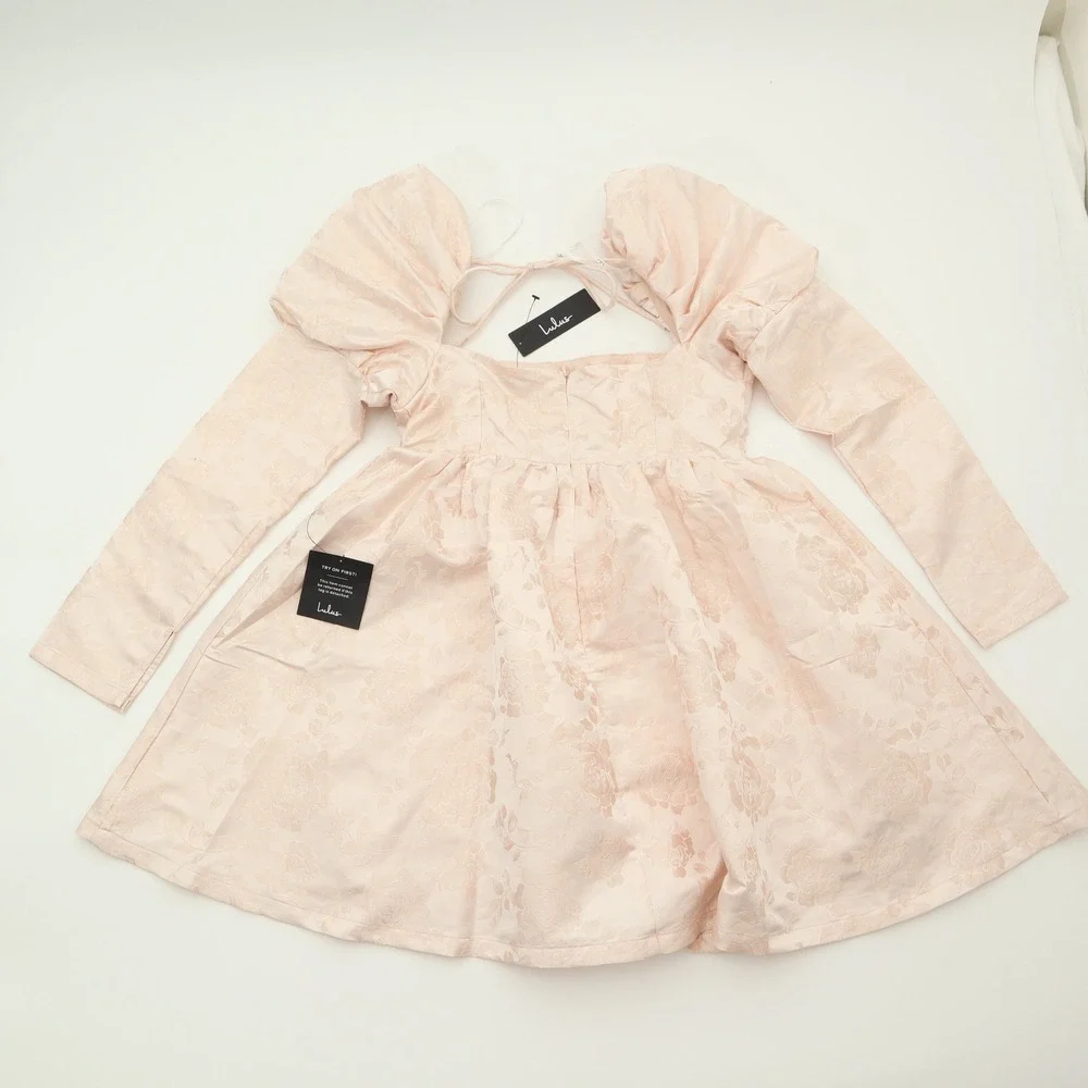 Lulus Pink Floral Jacquard Puff Sleeve Square Neck Tie Back Mini Dress NWT - Picture 9 of 11